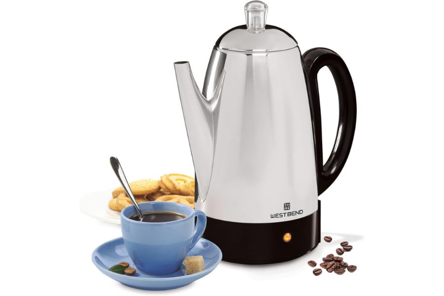 West Bend Electric Percolator Classic Style Coffee Maker with Heat Resistant Handle Base and Detachable Cord with Stainless Steel