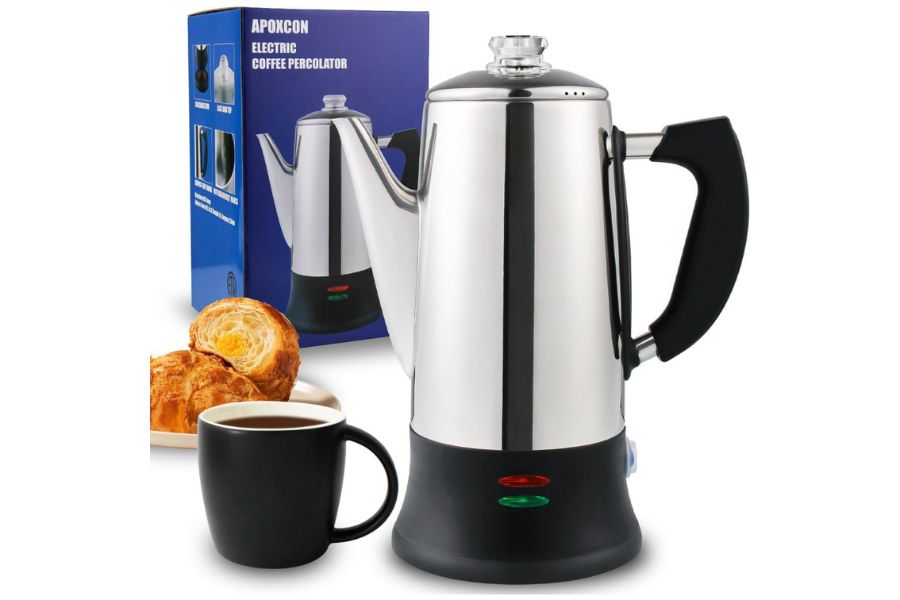 APOXCON Electric Coffee Percolator Stainless Steel Coffee Maker with Heat Resistant Tough Glass Clear Brew Progress Knob