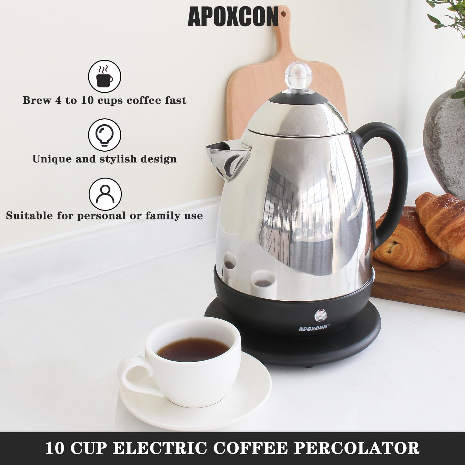 APOXCON Electric Coffee Percolator 10-Cup Stainless Steel Coffee Maker - Image 8