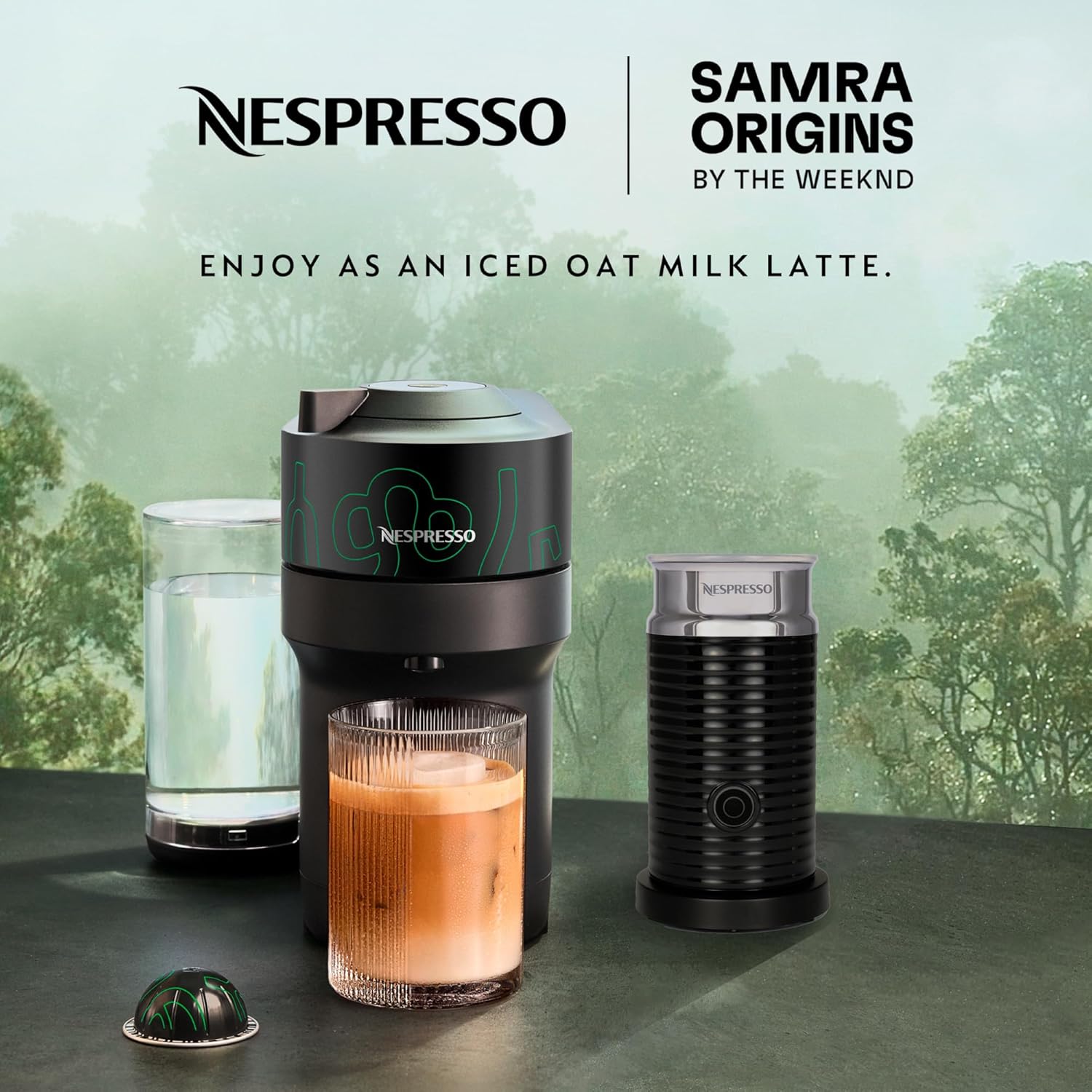 Nespresso Vertuo Pop+ Coffee and Espresso Maker by Breville, Samra Origins by The Weeknd Vertuo Metad Green Machine and Nespresso Aeroccino3 milk frother